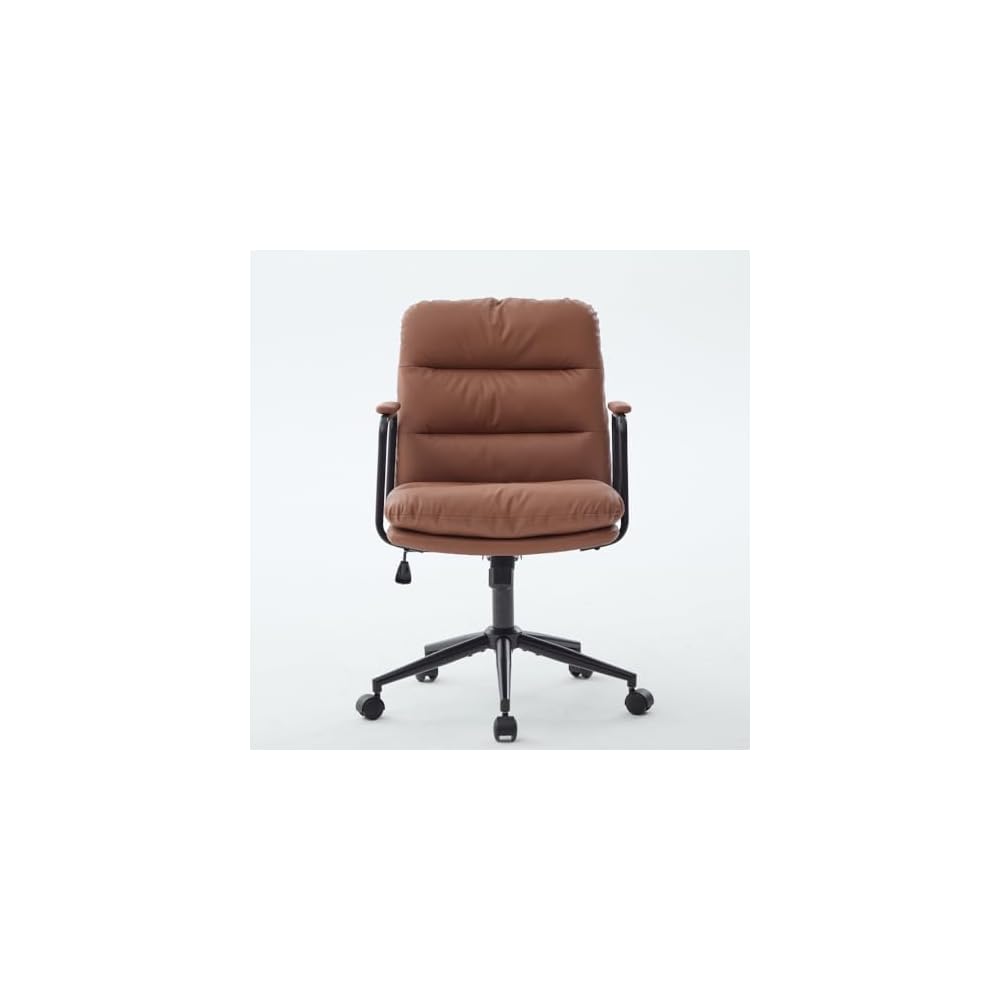 Mid Back Home Office Desk Task Chair, Ergonomic Executive Swivel Chair with 40° Recline & Wheels, PU Leather Computer Rolling with Padded Armrests, Premium Mid Century Modern Design (Brown)