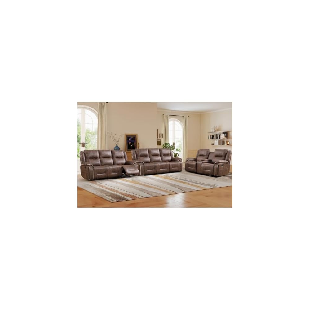 ANJ 3PCS Manual Faux Leather Recliner Sofa Set, Included a Loveseat Reclining Sofa with Hidden Storage and Cup Holders and 2 3-Seater Reclining Couches, Mid-Century Sofas for Living Room, Brown