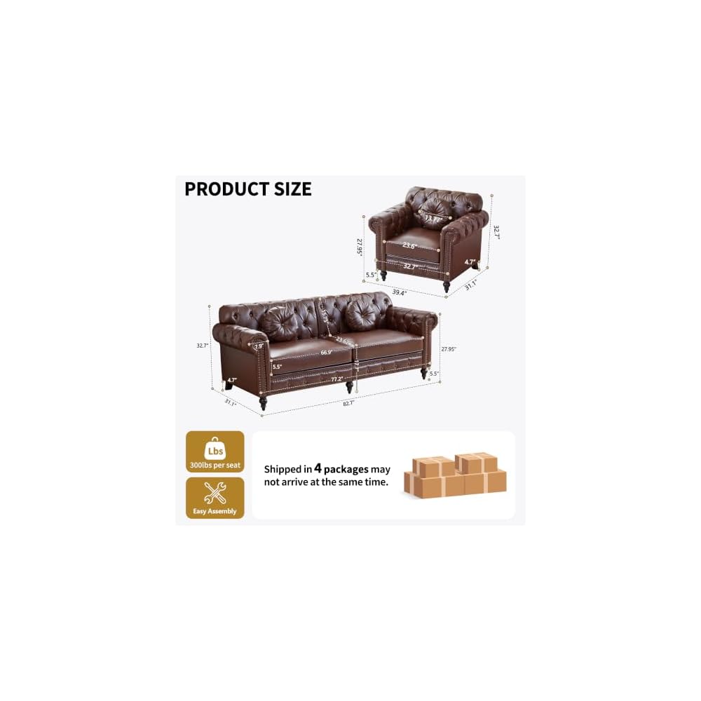 RARZOE 2 Piece Sofa Sets, Faux Leather 83" W Loveseat & Accent Chair, Brown