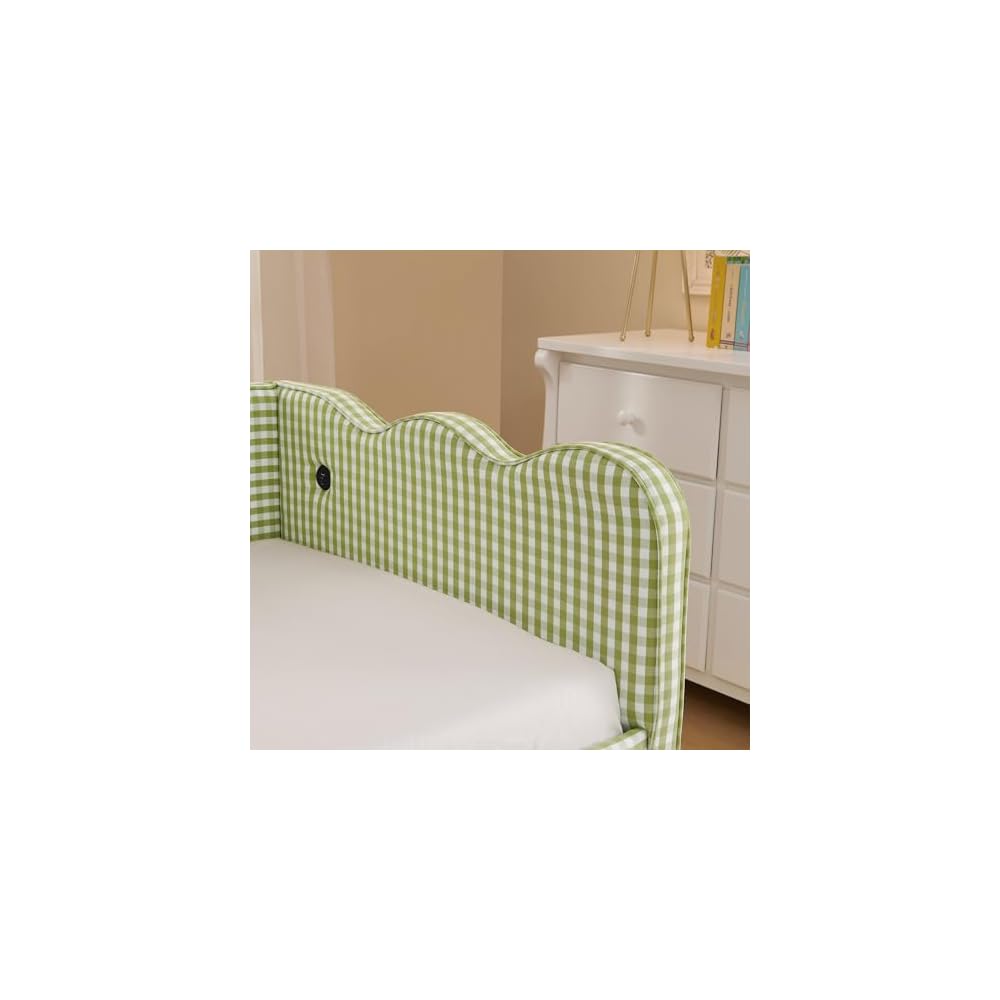 KEIKI Twin Size Upholstery Daybed with Trundle and USB, Twin to King Design Adorable Wave Shaped Extendable Linen Sofa Bed, Easy Assembly, No Box Spring Required, for Living Room and Bedroom, Green