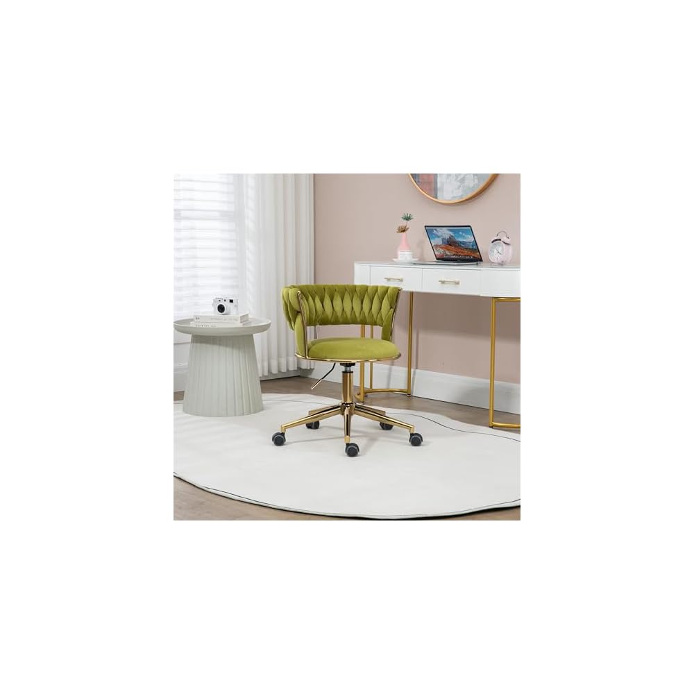 Velvet Office Chair Adjustable Height Swivel Modern Home Office Chair Weave Back Vanity Chair Desk Chair Computer Chair on Wheels Upholstered Task Chair Accent Chair Executive Chair (Olive)