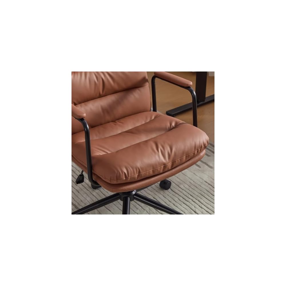 Mid Back Home Office Desk Task Chair, Ergonomic Executive Swivel Chair with 40° Recline & Wheels, PU Leather Computer Rolling with Padded Armrests, Premium Mid Century Modern Design (Brown)