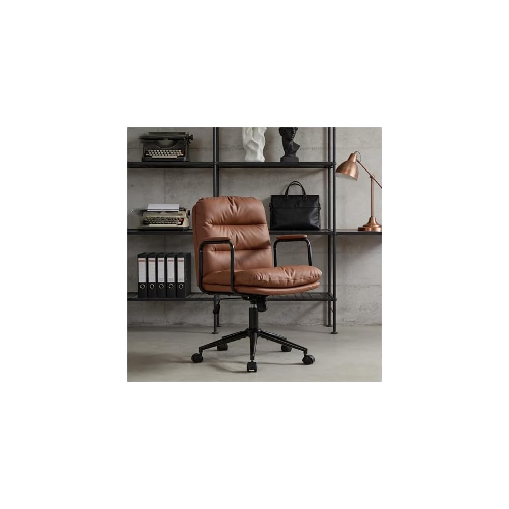 Mid Back Home Office Desk Task Chair, Ergonomic Executive Swivel Chair with 40° Recline & Wheels, PU Leather Computer Rolling with Padded Armrests, Premium Mid Century Modern Design (Brown)