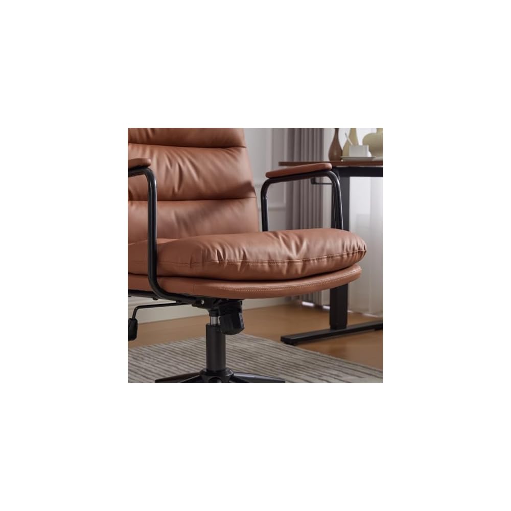 Mid Back Home Office Desk Task Chair, Ergonomic Executive Swivel Chair with 40° Recline & Wheels, PU Leather Computer Rolling with Padded Armrests, Premium Mid Century Modern Design (Brown)