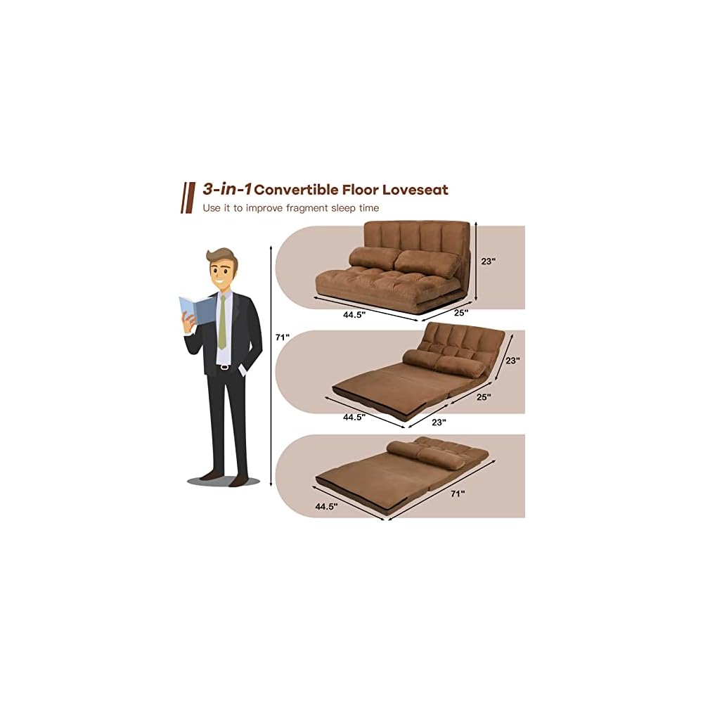 KOMFOTT Adjustable Floor Sofa Bed, Foldable Lazy Sofa Sleeper Bed with 6 Position Backrest & 2 Pillows, Convertible Futon Couch Bed with Suede Cloth Cover, Lounge Recliner for Living Room (Coffee)
