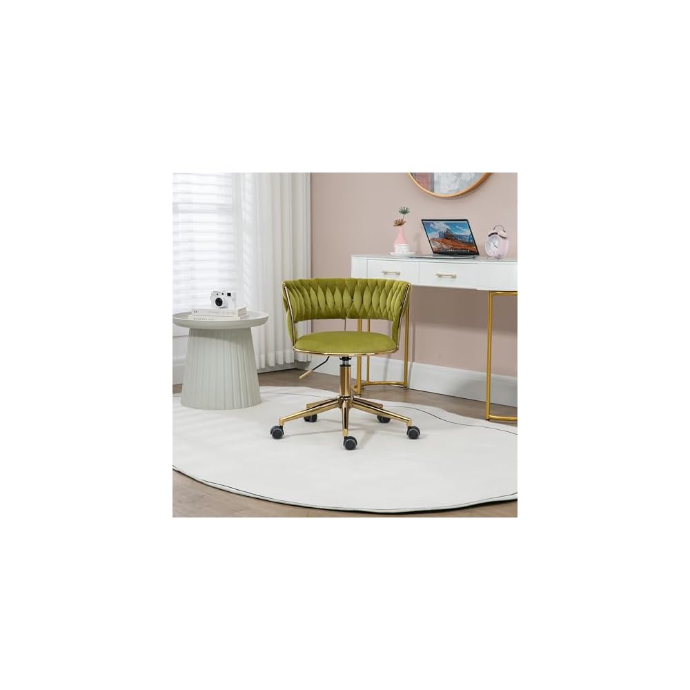 Velvet Office Chair Adjustable Height Swivel Modern Home Office Chair Weave Back Vanity Chair Desk Chair Computer Chair on Wheels Upholstered Task Chair Accent Chair Executive Chair (Olive)