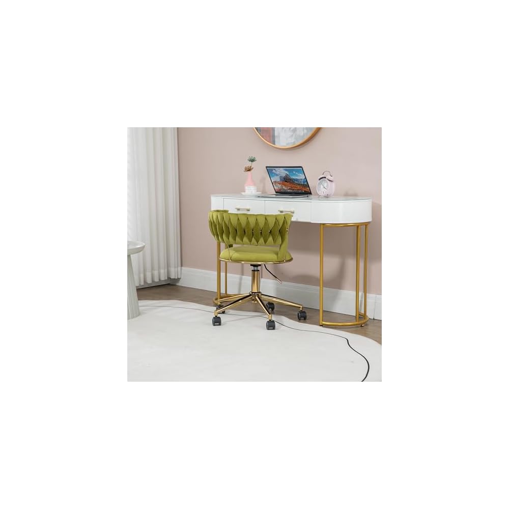 Velvet Office Chair Adjustable Height Swivel Modern Home Office Chair Weave Back Vanity Chair Desk Chair Computer Chair on Wheels Upholstered Task Chair Accent Chair Executive Chair (Olive)