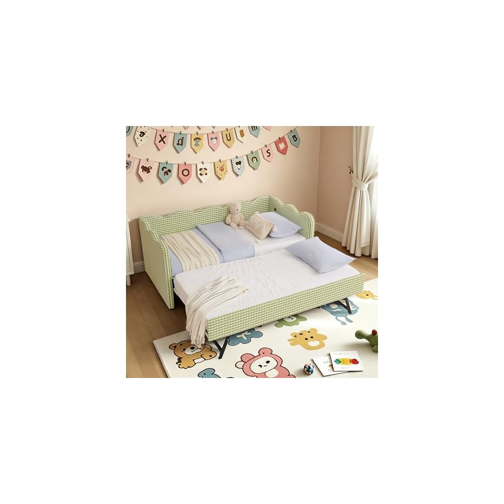 KEIKI Twin Size Upholstery Daybed with Trundle and USB, Twin to King Design Adorable Wave Shaped Extendable Linen Sofa Bed, Easy Assembly, No Box Spring Required, for Living Room and Bedroom, Green