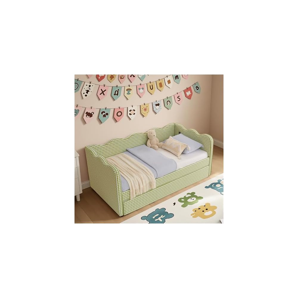 KEIKI Twin Size Upholstery Daybed with Trundle and USB, Twin to King Design Adorable Wave Shaped Extendable Linen Sofa Bed, Easy Assembly, No Box Spring Required, for Living Room and Bedroom, Green