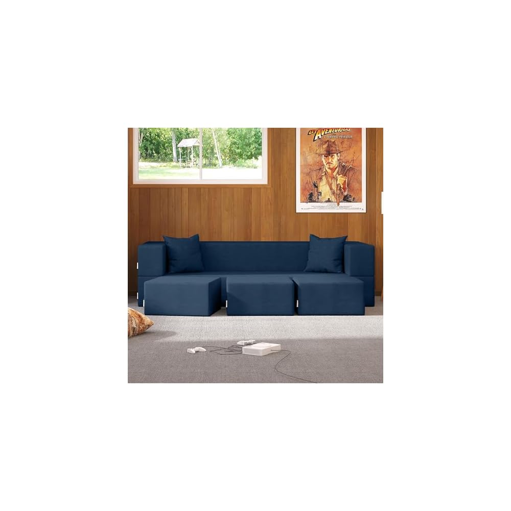 Jaxx Zipline Convertible Sleeper Sofa & Three Ottomans/California King-Size Bed, Textured Microvelvet - Indigo