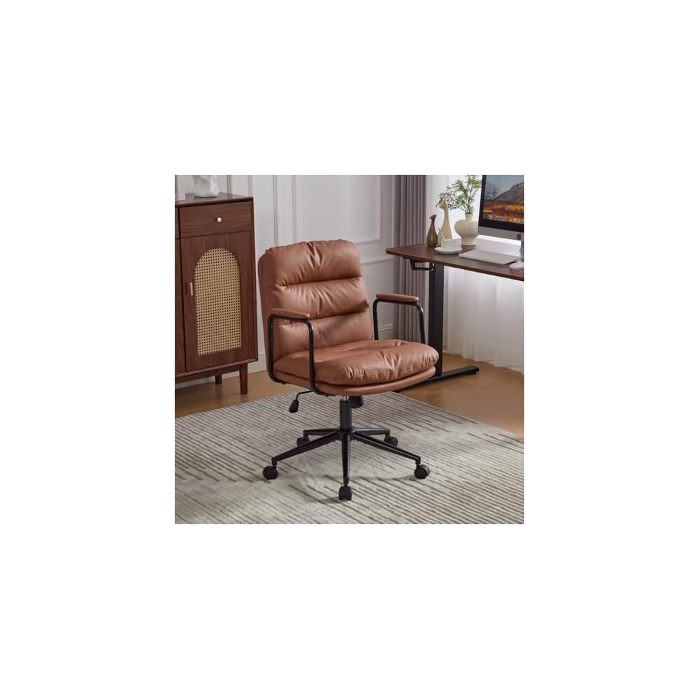 Mid Back Home Office Desk Task Chair, Ergonomic Executive Swivel Chair with 40° Recline & Wheels, PU Leather Computer Rolling with Padded Armrests, Premium Mid Century Modern Design (Brown)