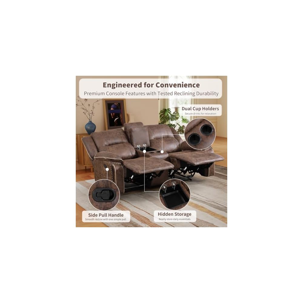ANJ 3PCS Manual Faux Leather Recliner Sofa Set, Included a Loveseat Reclining Sofa with Hidden Storage and Cup Holders and 2 3-Seater Reclining Couches, Mid-Century Sofas for Living Room, Brown