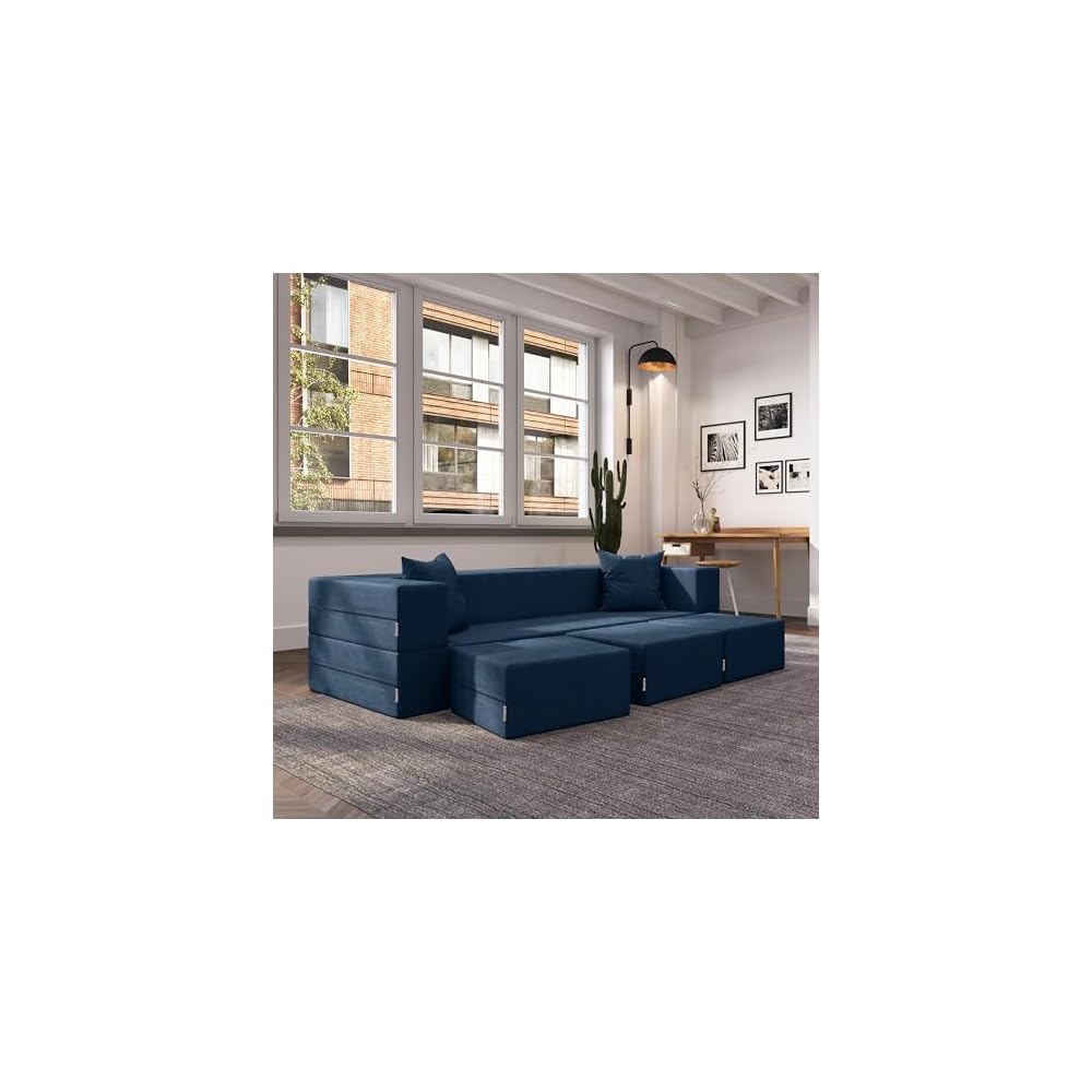 Jaxx Zipline Convertible Sleeper Sofa & Three Ottomans/California King-Size Bed, Textured Microvelvet - Indigo