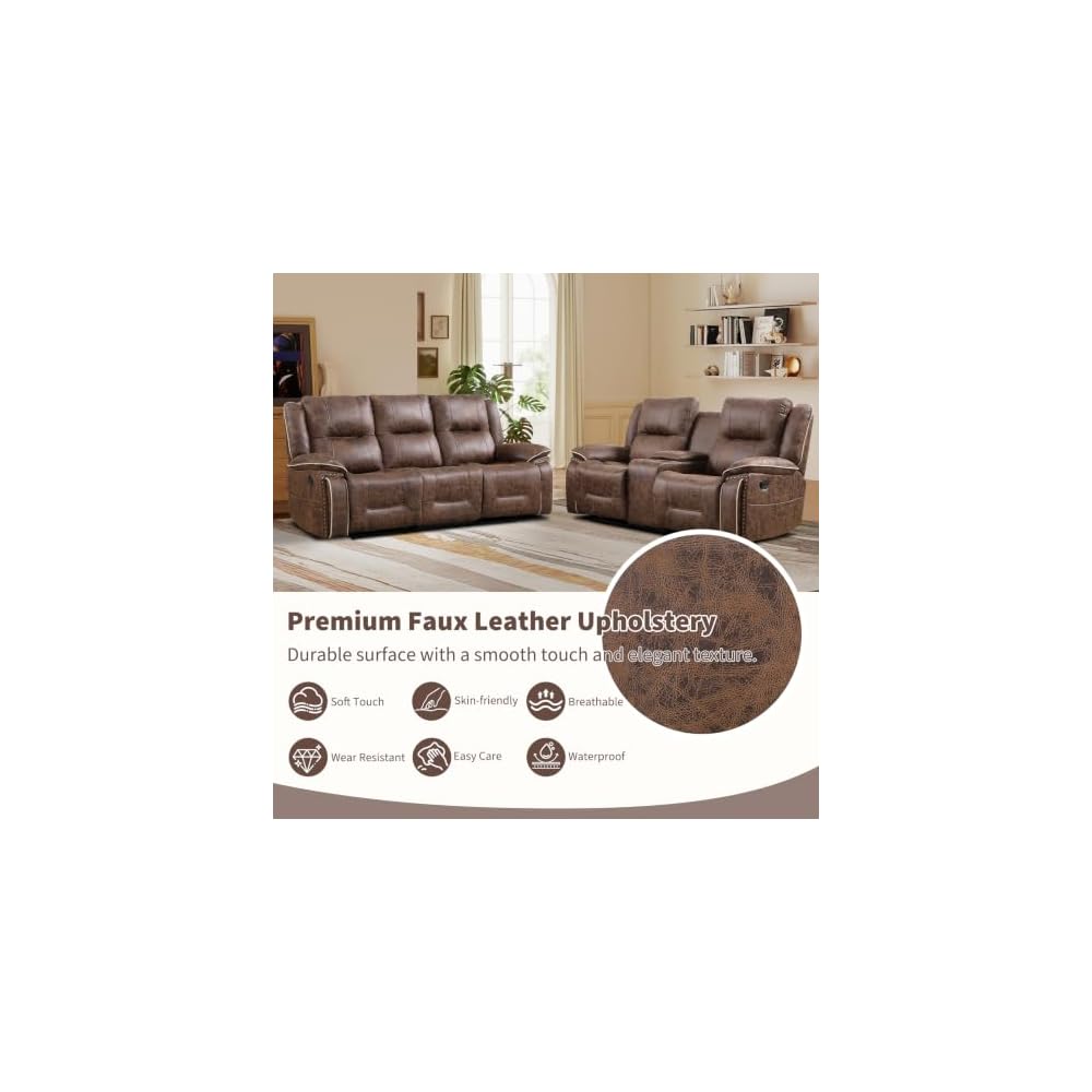 ANJ 3PCS Manual Faux Leather Recliner Sofa Set, Included a Loveseat Reclining Sofa with Hidden Storage and Cup Holders and 2 3-Seater Reclining Couches, Mid-Century Sofas for Living Room, Brown