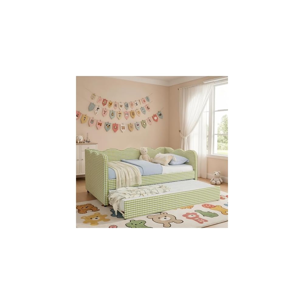 KEIKI Twin Size Upholstery Daybed with Trundle and USB, Twin to King Design Adorable Wave Shaped Extendable Linen Sofa Bed, Easy Assembly, No Box Spring Required, for Living Room and Bedroom, Green