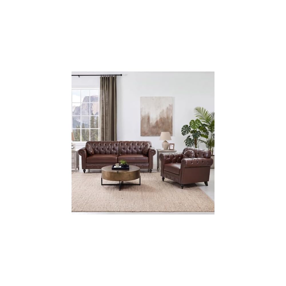 RARZOE 2 Piece Sofa Sets, Faux Leather 83" W Loveseat & Accent Chair, Brown