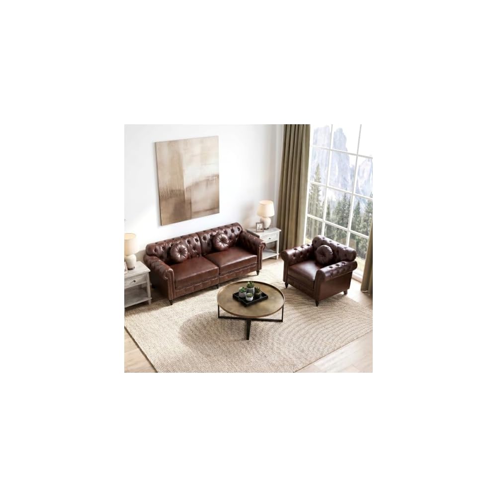 RARZOE 2 Piece Sofa Sets, Faux Leather 83" W Loveseat & Accent Chair, Brown