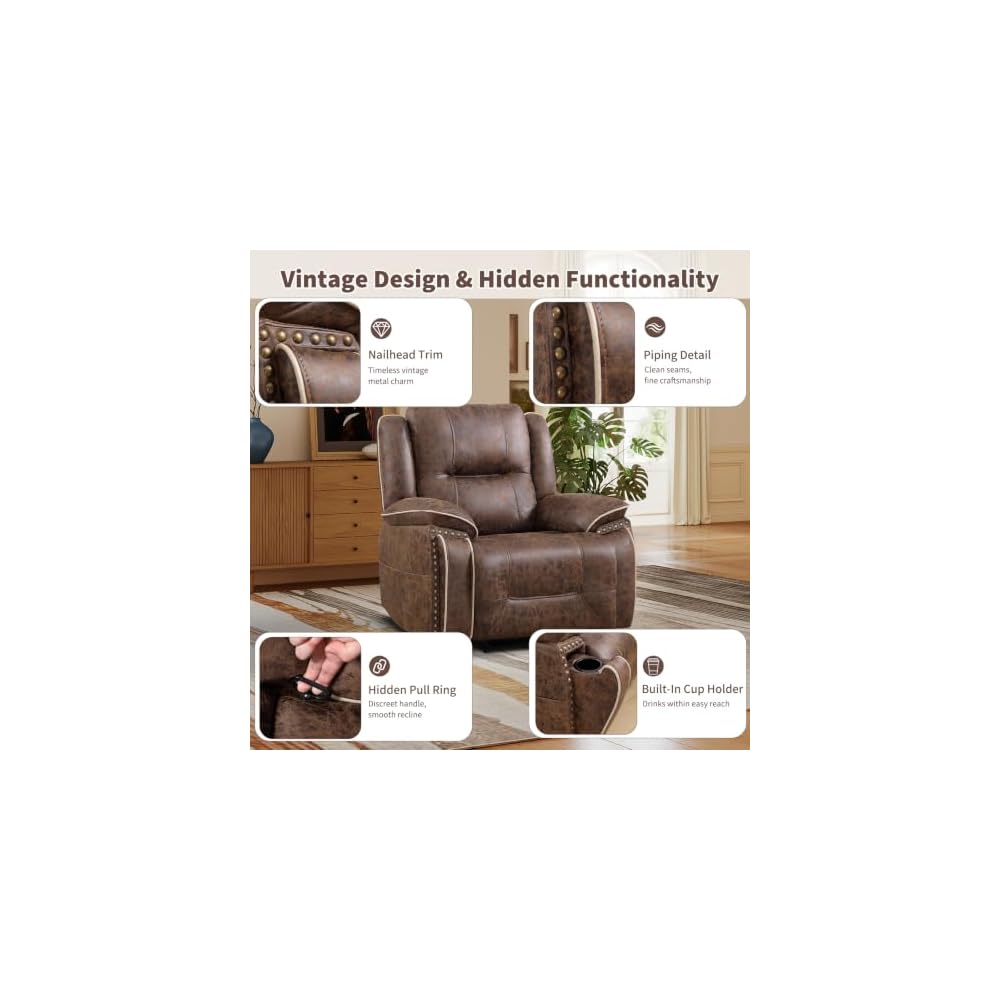 ANJ 3PCS Manual Faux Leather Recliner Sofa Set, Included a Loveseat Reclining Sofa with Hidden Storage and Cup Holders and 2 3-Seater Reclining Couches, Mid-Century Sofas for Living Room, Brown