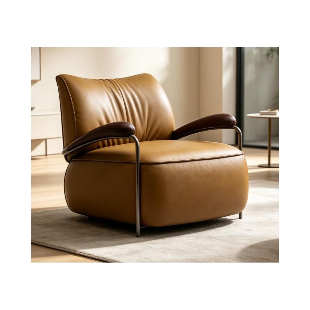 Brown Genuine Leather Accent Chair with Padded Arms and Metal Frame