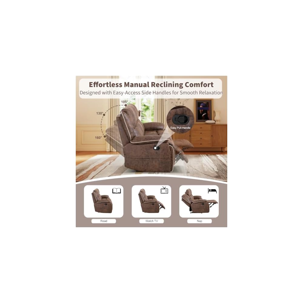 ANJ 3PCS Manual Faux Leather Recliner Sofa Set, Included a Loveseat Reclining Sofa with Hidden Storage and Cup Holders and 2 3-Seater Reclining Couches, Mid-Century Sofas for Living Room, Brown