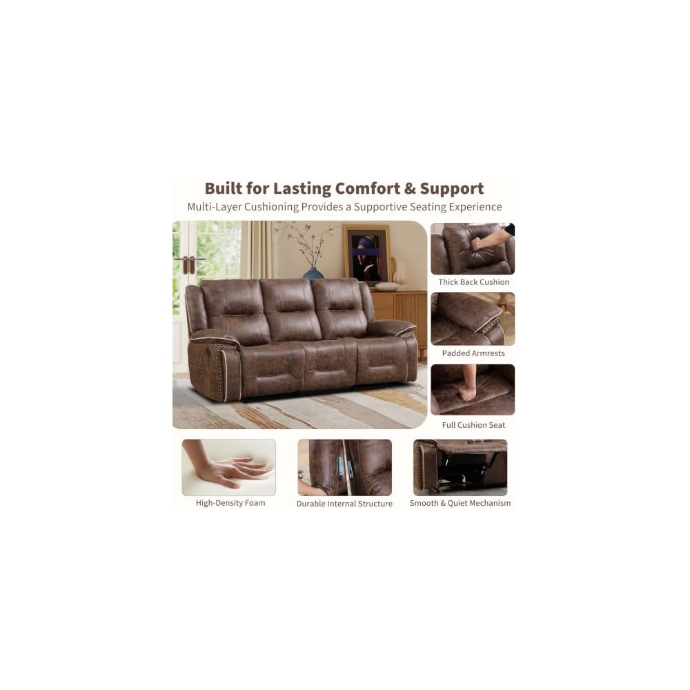ANJ 3PCS Manual Faux Leather Recliner Sofa Set, Included a Loveseat Reclining Sofa with Hidden Storage and Cup Holders and 2 3-Seater Reclining Couches, Mid-Century Sofas for Living Room, Brown