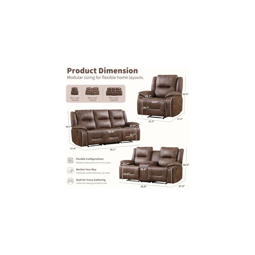 ANJ 3PCS Manual Faux Leather Recliner Sofa Set, Included a Loveseat Reclining Sofa with Hidden Storage and Cup Holders and 2 3-Seater Reclining Couches, Mid-Century Sofas for Living Room, Brown