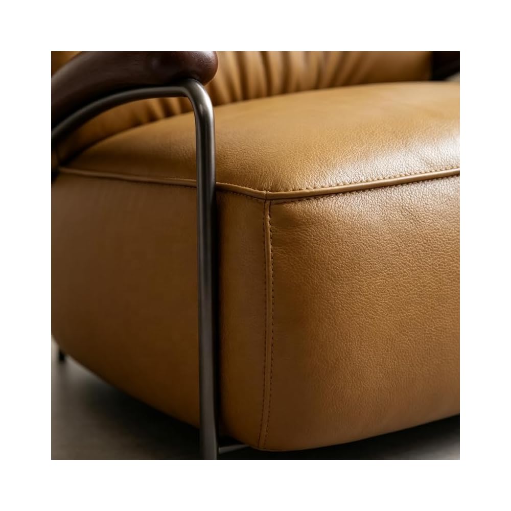 Brown Genuine Leather Accent Chair with Padded Arms and Metal Frame