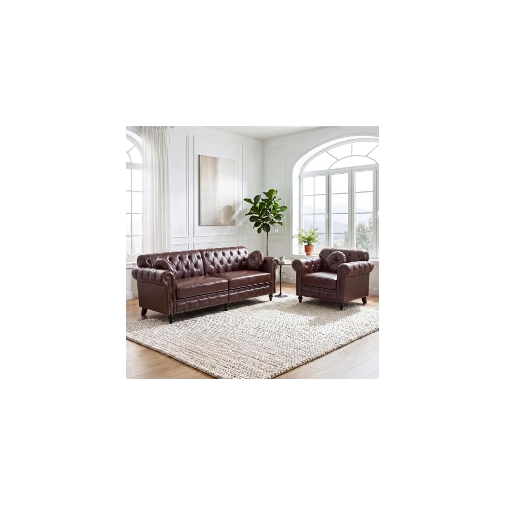 RARZOE 2 Piece Sofa Sets, Faux Leather 83" W Loveseat & Accent Chair, Brown