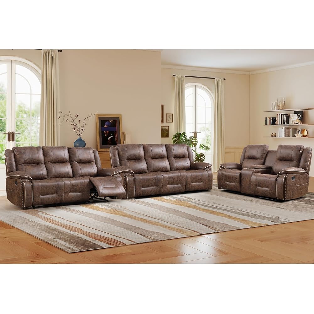 ANJ 3PCS Manual Faux Leather Recliner Sofa Set, Included a Loveseat Reclining Sofa with Hidden Storage and Cup Holders and 2 3-Seater Reclining Couches, Mid-Century Sofas for Living Room, Brown