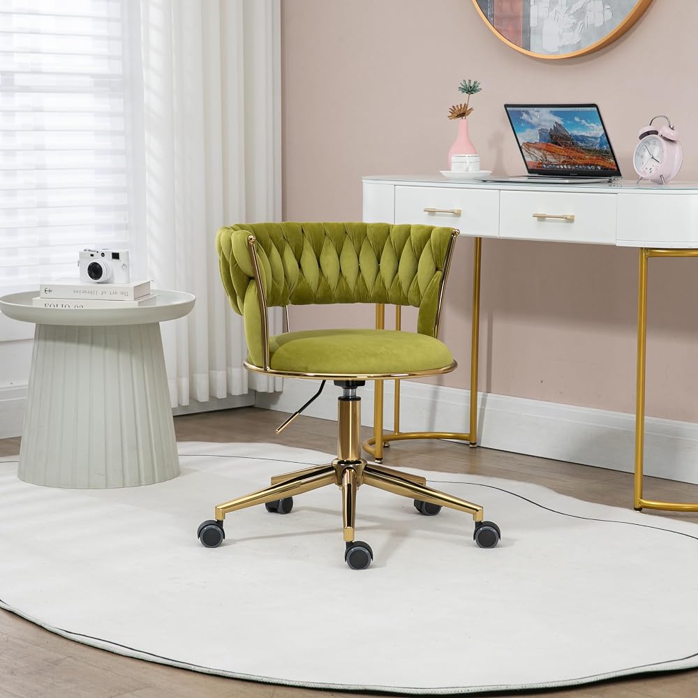 Velvet Office Chair Adjustable Height Swivel Modern Home Office Chair Weave Back Vanity Chair Desk Chair Computer Chair on Wheels Upholstered Task Chair Accent Chair Executive Chair (Olive)