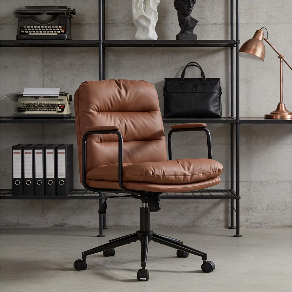Mid Back Home Office Desk Task Chair, Ergonomic Executive Swivel Chair with 40° Recline & Wheels, PU Leather Computer Rolling with Padded Armrests, Premium Mid Century Modern Design (Brown)