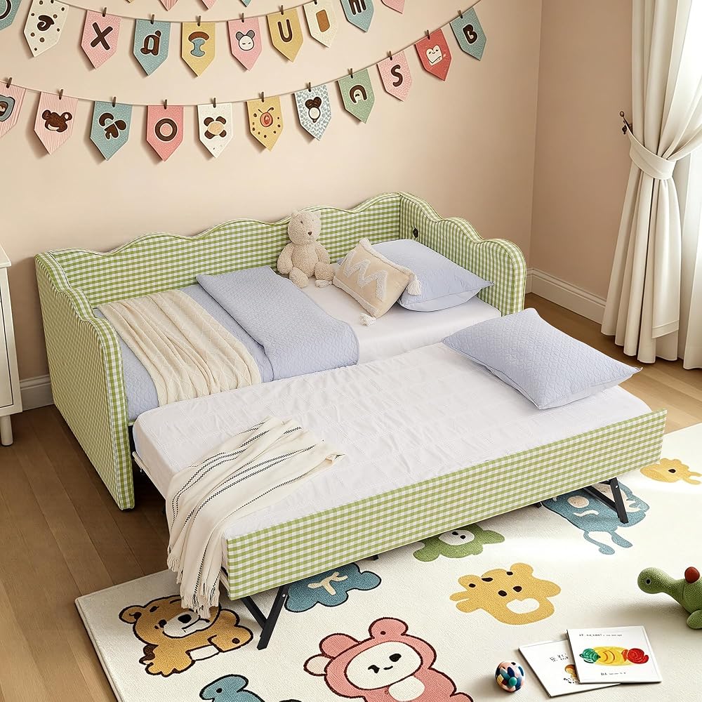 KEIKI Twin Size Upholstery Daybed with Trundle and USB, Twin to King Design Adorable Wave Shaped Extendable Linen Sofa Bed, Easy Assembly, No Box Spring Required, for Living Room and Bedroom, Green