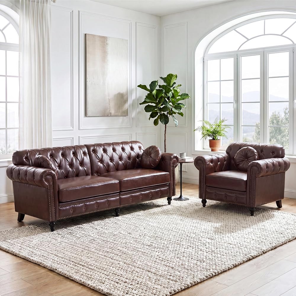 RARZOE 2 Piece Sofa Sets, Faux Leather 83" W Loveseat & Accent Chair, Brown